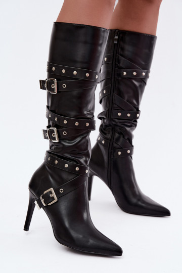 Damen kniehohe Stiefel mit schmalen Absätzen und Schnallen in schwarzer Farbe Invera