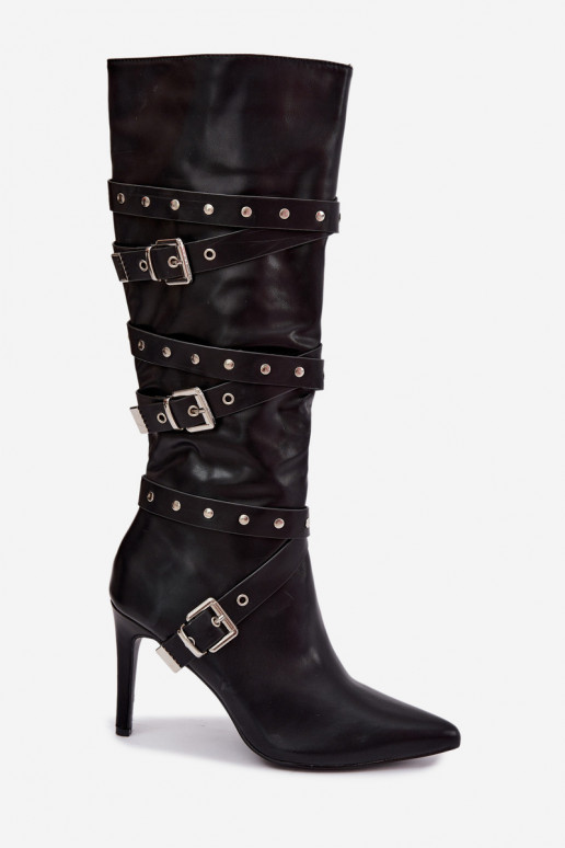 Damen kniehohe Stiefel mit schmalen Absätzen und Schnallen in schwarzer Farbe Invera