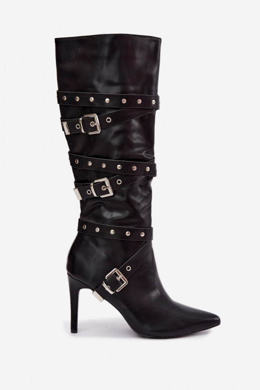 Damen kniehohe Stiefel mit schmalen Absätzen und Schnallen in schwarzer Farbe Invera