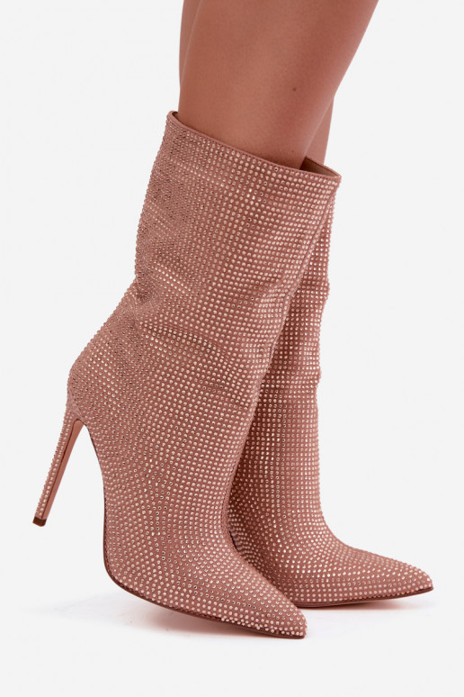 Dekorierte Damen Stiefeletten mit schmalen Absätzen in Champagnerfarbe Galessa