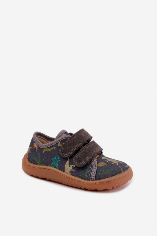 Kinder-Barefoot-Pantoletten mit Dinosauriern Froddo Canvas G1700440-31 Grau