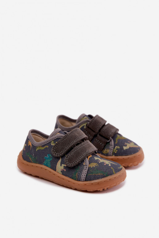 Kinder-Barefoot-Pantoletten mit Dinosauriern Froddo Canvas G1700440-31 Grau
