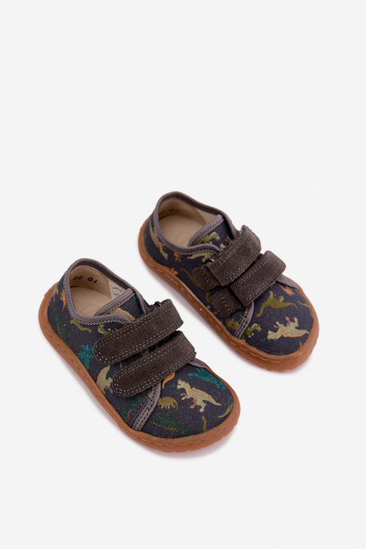Kinder-Barefoot-Pantoletten mit Dinosauriern Froddo Canvas G1700440-31 Grau
