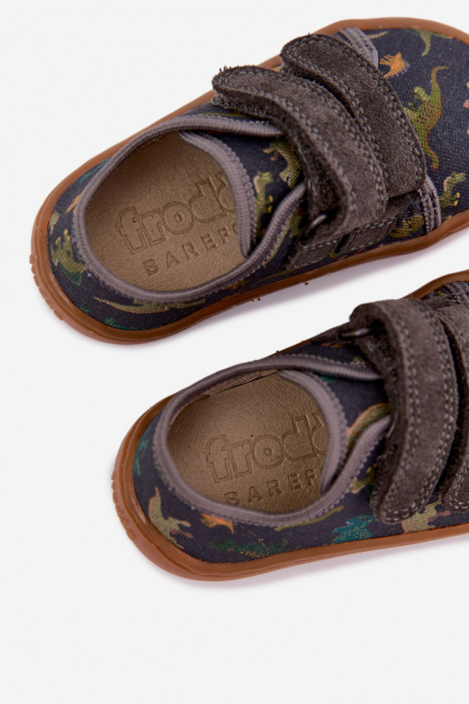 Kinder-Barefoot-Pantoletten mit Dinosauriern Froddo Canvas G1700440-31 Grau