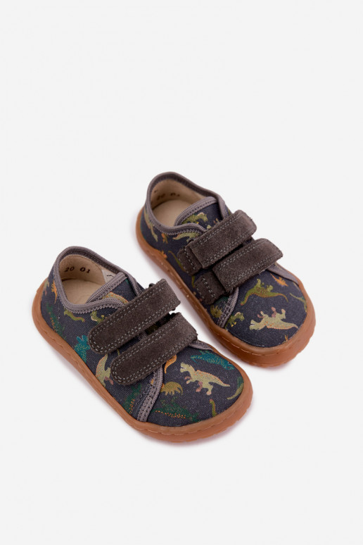 Kinder-Barefoot-Pantoletten mit Dinosauriern Froddo Canvas G1700440-31 Grau