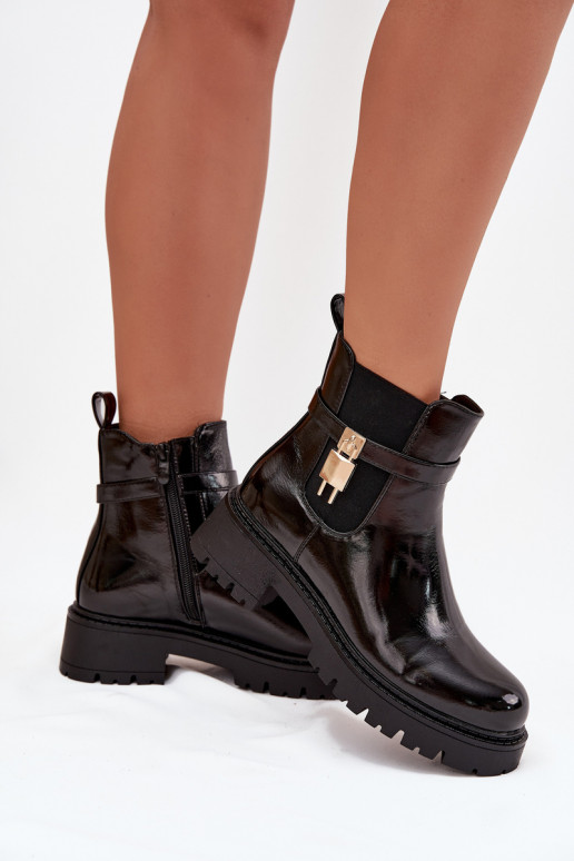 Stylische lackierte isolierte Stiefeletten mit Details Ze gold und schwarz Talyra