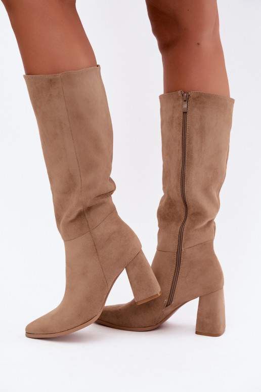 Damen kniehohe Stiefel mit Blockabsatz sandfarben Carlin