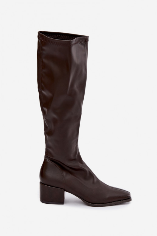Damen kniehohe Stiefel mit Schnürschaft auf niedrigem Absatz aus Kunstleder karamellfarben Gisellea
