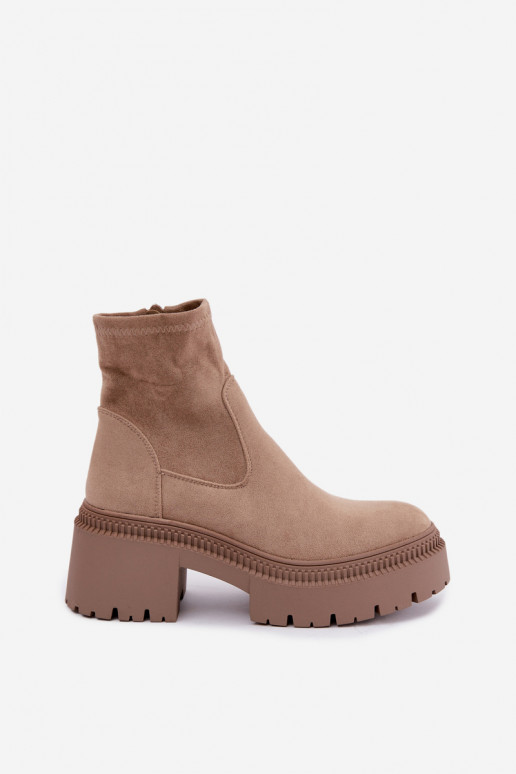 Damen Stiefeletten mit klobigem Absatz und Plattform aus Kunstveloursleder sandfarben Elvianne