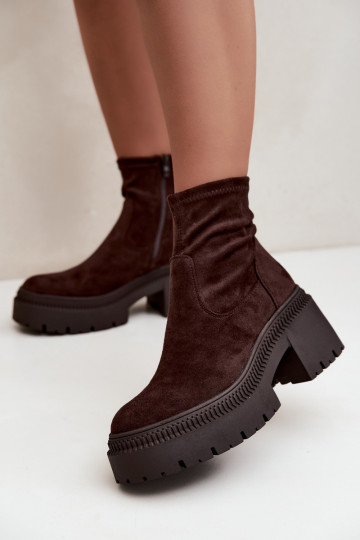 Damen Stiefeletten mit klobigem Absatz und Plattform aus Kunstveloursleder karamellfarben Elvianne 2