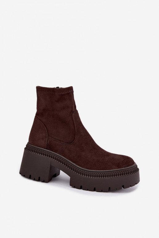 Damen Stiefeletten mit klobigem Absatz und Plattform aus Kunstveloursleder karamellfarben Elvianne