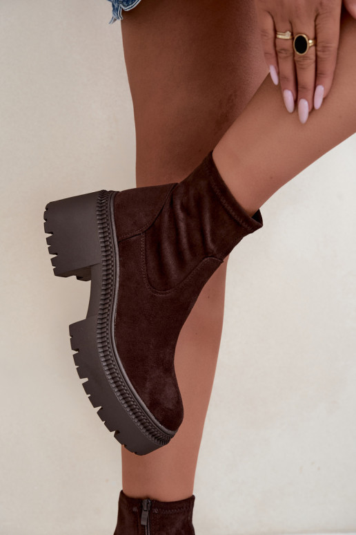 Damen Stiefeletten mit klobigem Absatz und Plattform aus Kunstveloursleder karamellfarben Elvianne