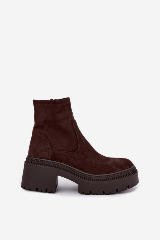 Damen Stiefeletten mit klobigem Absatz und Plattform aus Kunstveloursleder karamellfarben Elvianne