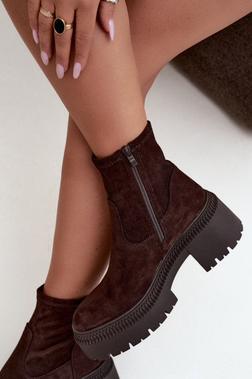 Damen Stiefeletten mit klobigem Absatz und Plattform aus Kunstveloursleder karamellfarben Elvianne