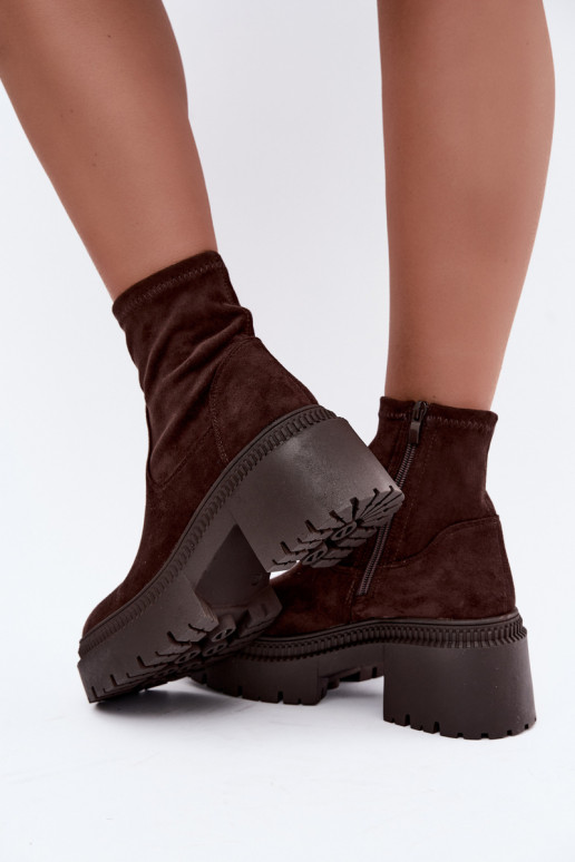 Damen Stiefeletten mit klobigem Absatz und Plattform aus Kunstveloursleder karamellfarben Elvianne
