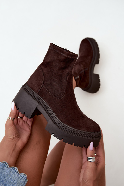 Damen Stiefeletten mit klobigem Absatz und Plattform aus Kunstveloursleder karamellfarben Elvianne
