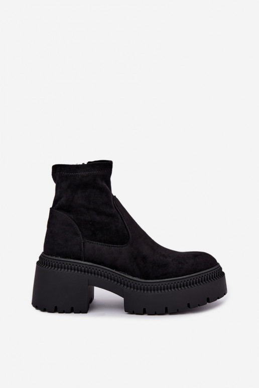 Damen Stiefeletten mit klobigem Absatz und Plattform aus Kunstveloursleder schwarz Elvianne
