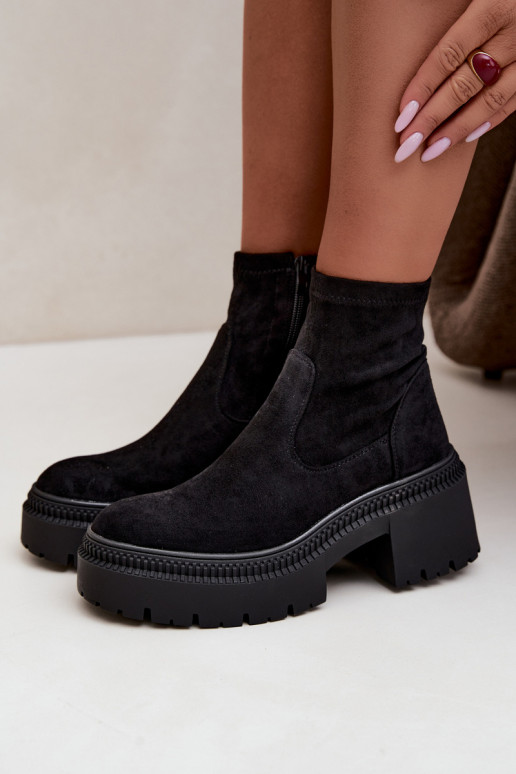 Damen Stiefeletten mit klobigem Absatz und Plattform aus Kunstveloursleder schwarz Elvianne