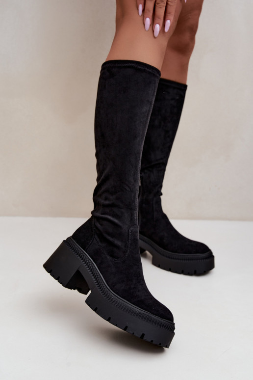 Damen kniehohe Stiefel mit Plattform und hohem Absatz schwarz Florinne