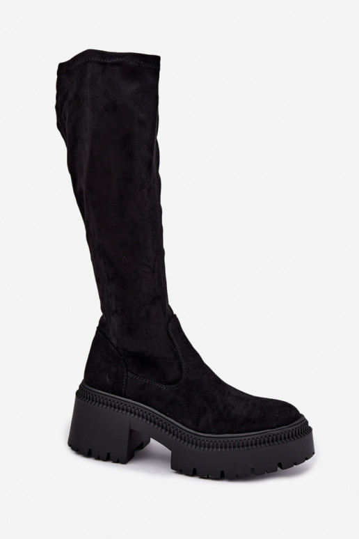 Damen kniehohe Stiefel mit Plattform und hohem Absatz schwarz Florinne