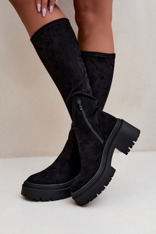 Damen kniehohe Stiefel mit Plattform und hohem Absatz schwarz Florinne