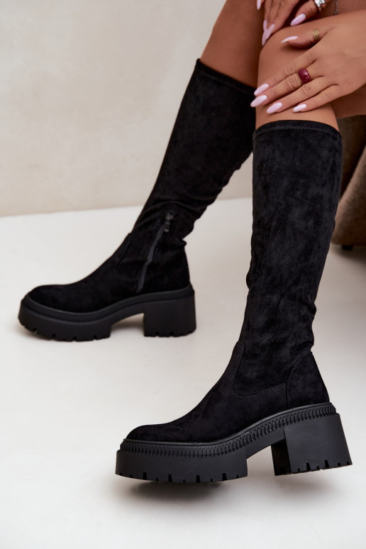 Damen kniehohe Stiefel mit Plattform und hohem Absatz schwarz Florinne