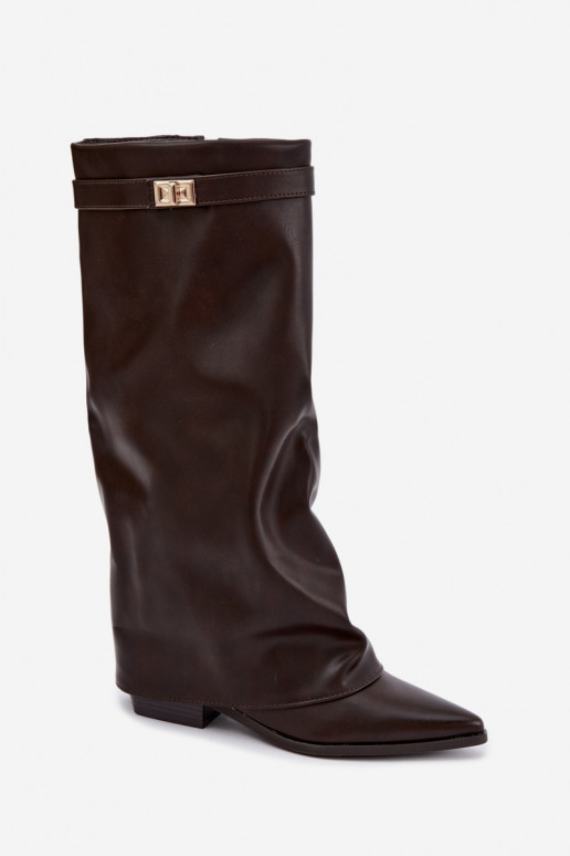 Damen kniehohe Stiefel mit Schnürschaft auf niedrigem Absatz aus Kunstleder karamellfarben Gisellea