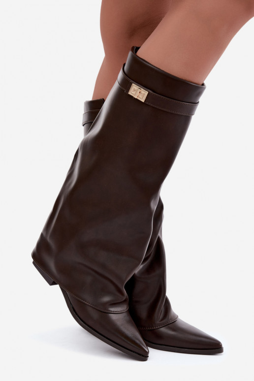 Damen kniehohe Stiefel mit Schnürschaft auf niedrigem Absatz aus Kunstleder karamellfarben Gisellea