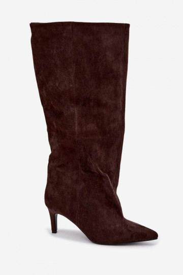 damen kniehohe Stiefeletten zum Hineinschlüpfen mit Absatz in schokoladenbraun Favra 2