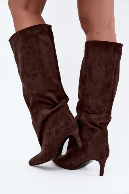 damen kniehohe Stiefeletten zum Hineinschlüpfen mit Absatz in schokoladenbraun Favra