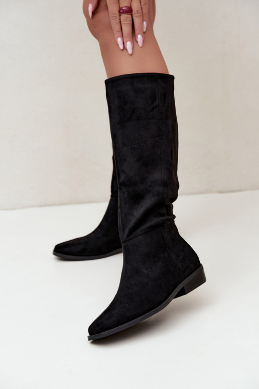 Damen kniehohe Stiefel mit niedrigem Absatz, gefüttert in schwarz Feretta