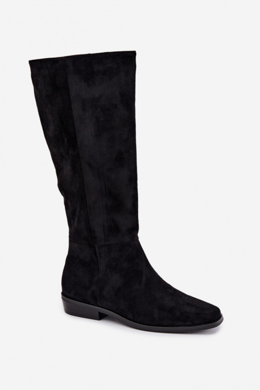 Damen kniehohe Stiefel mit niedrigem Absatz, gefüttert in schwarz Feretta