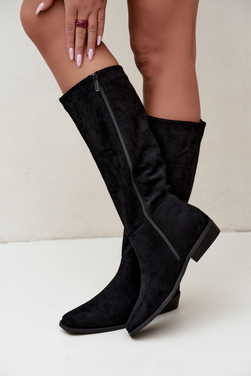 Damen kniehohe Stiefel mit niedrigem Absatz, gefüttert in schwarz Feretta