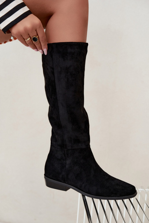 Damen kniehohe Stiefel mit niedrigem Absatz, gefüttert in schwarz Feretta
