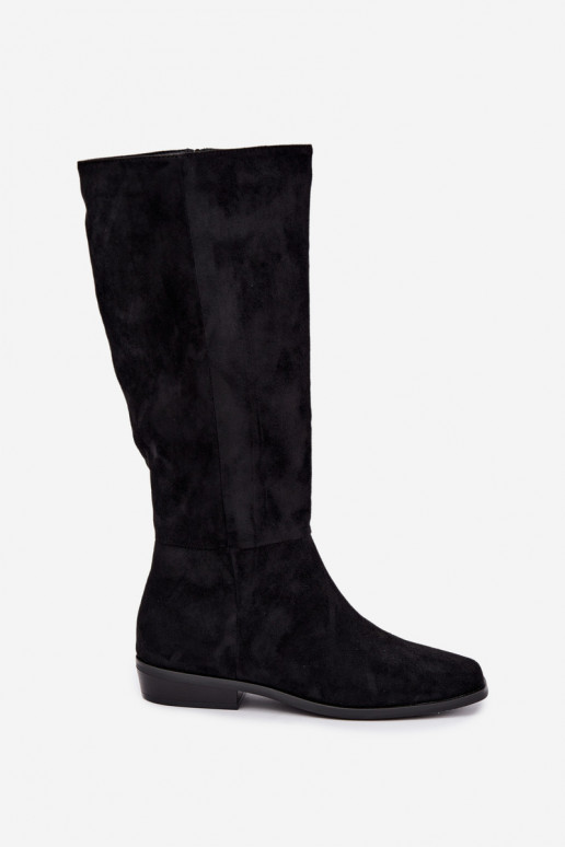 Damen kniehohe Stiefel mit niedrigem Absatz, gefüttert in schwarz Feretta