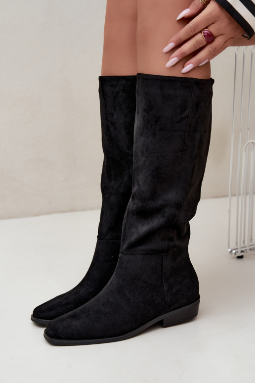 Damen kniehohe Stiefel mit niedrigem Absatz, gefüttert in schwarz Feretta