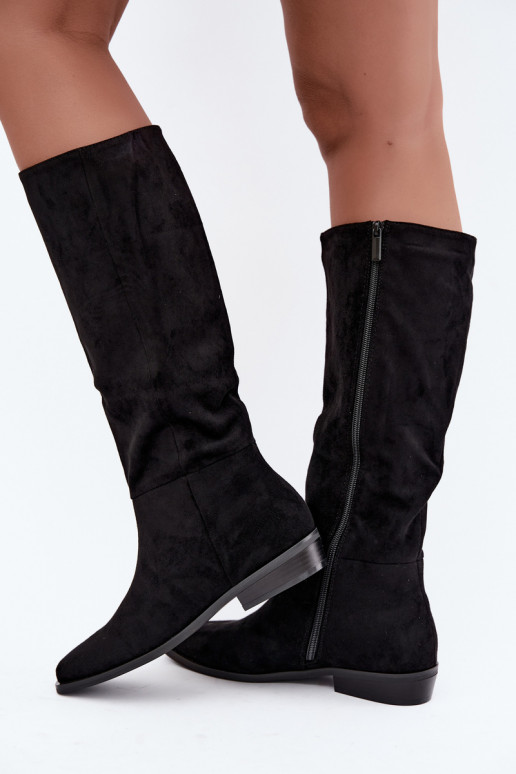 Damen kniehohe Stiefel mit niedrigem Absatz, gefüttert in schwarz Feretta