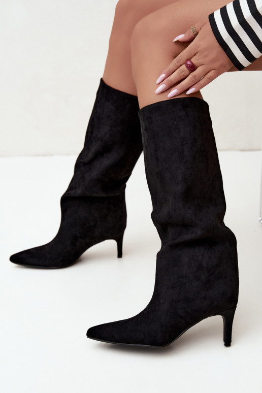 Damen kniehohe Stiefel zum Hineinschlüpfen, gefüttert mit dünnen Absätzen in schwarz Olivienne