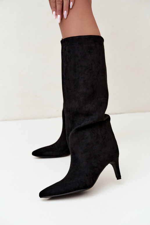 Damen kniehohe Stiefel zum Hineinschlüpfen, gefüttert mit dünnen Absätzen in schwarz Olivienne
