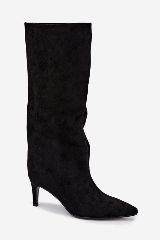 Damen kniehohe Stiefel zum Hineinschlüpfen, gefüttert mit dünnen Absätzen in schwarz Olivienne