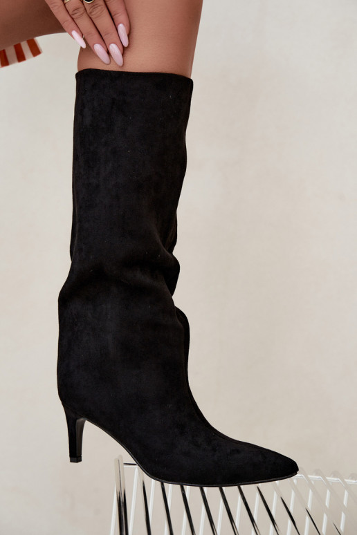 Damen kniehohe Stiefel zum Hineinschlüpfen, gefüttert mit dünnen Absätzen in schwarz Olivienne