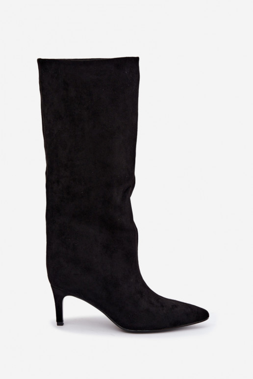 Damen kniehohe Stiefel zum Hineinschlüpfen, gefüttert mit dünnen Absätzen in schwarz Olivienne