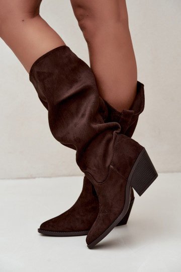 geknitterte Damen kniehohe Stiefel im Cowboy-Stil mit Riemen und Absätzen in CzekoladoĮe Adria