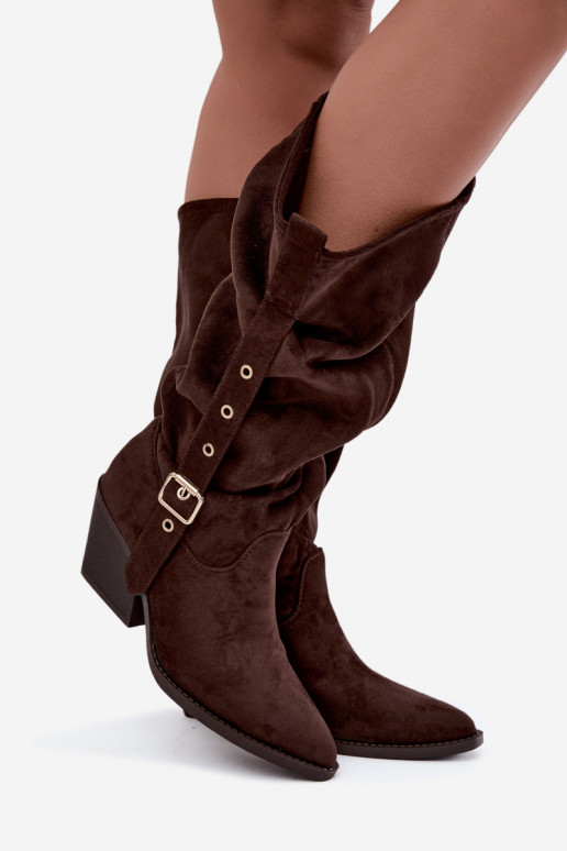geknitterte Damen kniehohe Stiefel im Cowboy-Stil mit Riemen und Absätzen in CzekoladoĮe Adria