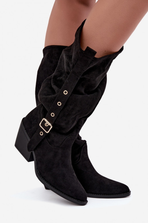geknitterte Damen kniehohe Stiefel im Cowboy-Stil mit Riemen und Absätzen in schwarz Adria