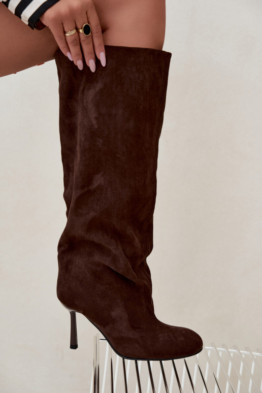 Damen kniehohe Stiefel zum Hineinschlüpfen mit dünnen Absätzen in CzekoladoĮe Caliya