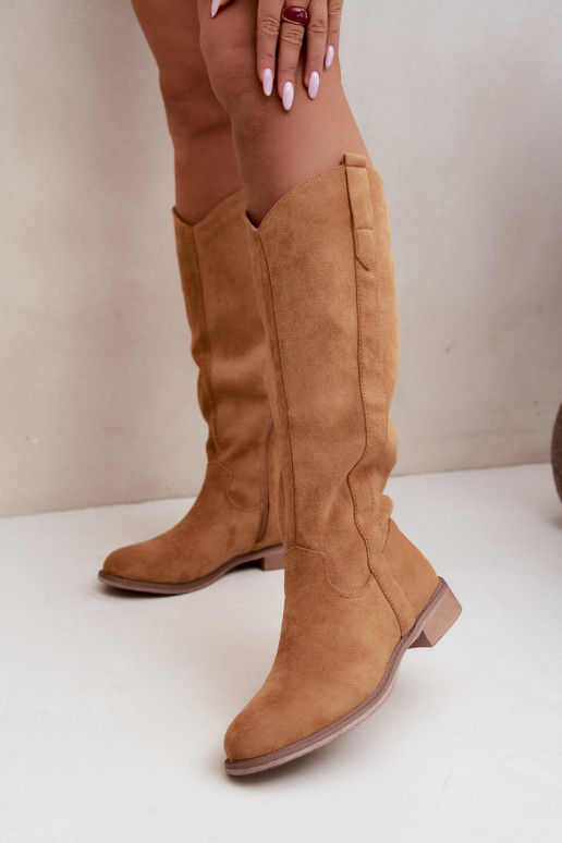 Damen kniehohe Stiefel mit breiten Absätzen in Braun Gilena