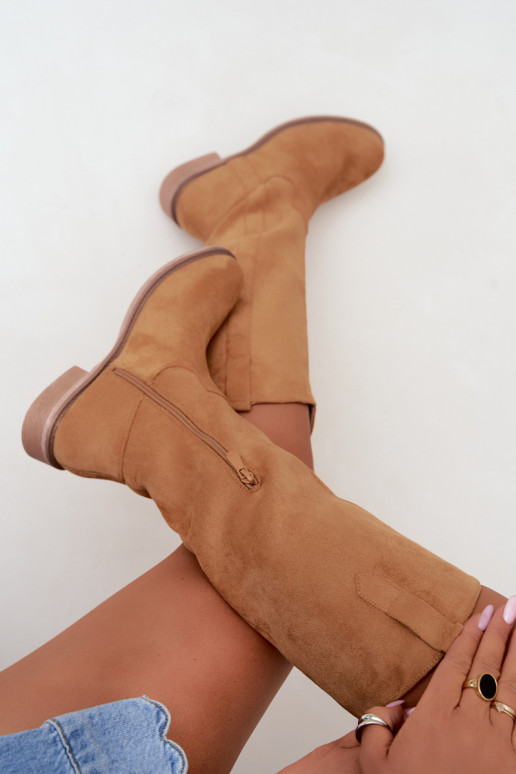 Damen kniehohe Stiefel mit breiten Absätzen in Braun Gilena