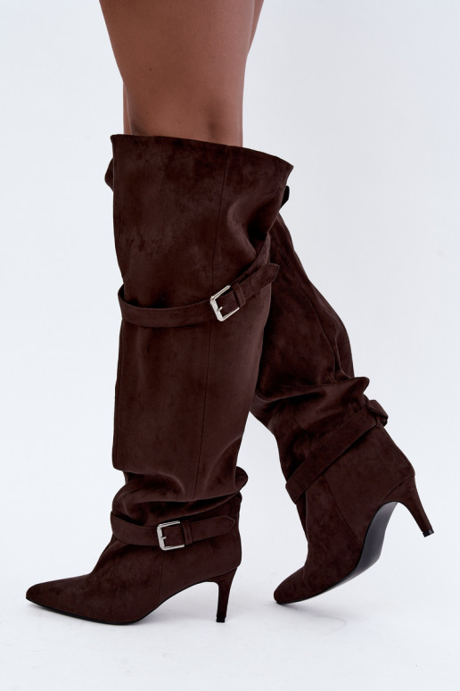 Über-Knie-Absatzstiefel mit Riemen und Schnallen in Schokoladenfarbe Tai turibel