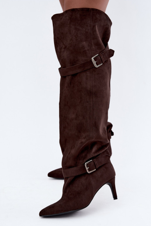 Über-Knie-Absatzstiefel mit Riemen und Schnallen in Schokoladenfarbe Tai turibel